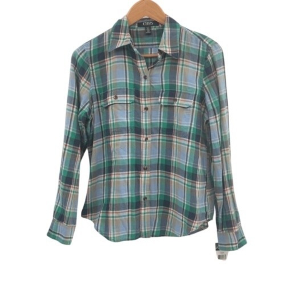 Chaps Flannel Shirt Button Down Plaid Blue‎ Green Women Size Medium Petite New
